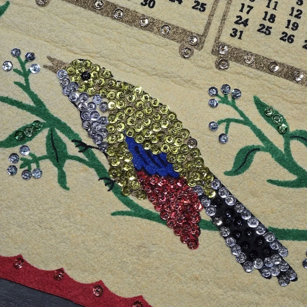 Vintage 1972 Felt Wall Calendar with Sequins, Bird Design